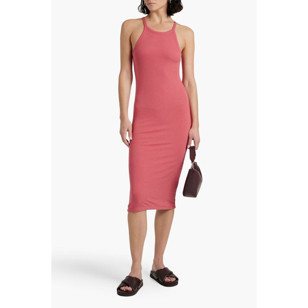 ATM Rose Pink Ribbed Midi Tank Stretch Bodycon Jersey Midi Dress Size L Large